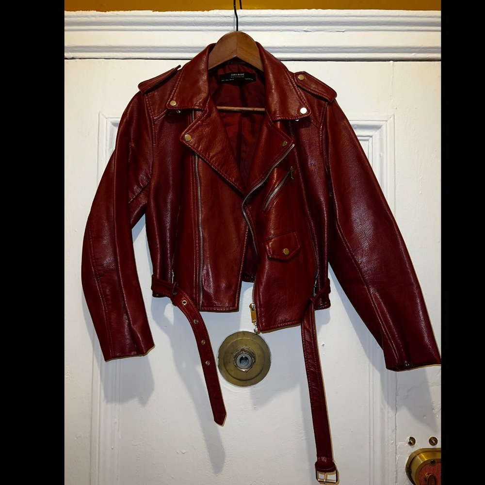 ZARA Women's Faux Leather Moto Burgundy/Red Jacket - Large